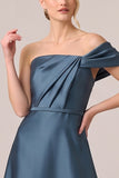 A-Line Asymmetrical Neck Ruched Long Black Tie Dress