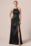 Halter Satin Rhinestones A-Line Long Black Tie Dress with Slit
