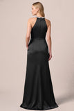 Halter Satin Rhinestones A-Line Long Black Tie Dress with Slit