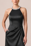 Halter Satin Rhinestones A-Line Long Black Tie Dress with Slit