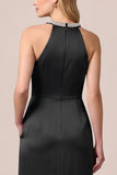 Halter Satin Rhinestones A-Line Long Black Tie Dress with Slit