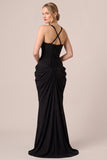 Mermaid Thick Straps Ruched Sweetheart Long Black Tie Dress