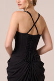 Mermaid Thick Straps Ruched Sweetheart Long Black Tie Dress