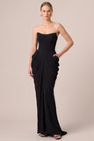 Strapless Corset Sheath Maxi Black Tie Dress With Pockets