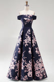 Off The Shoulder Navy A Line Floral Maxi Mother of the Bride Dress