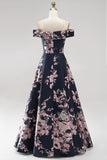 Off The Shoulder Navy A Line Floral Maxi Mother of the Bride Dress