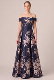 Off The Shoulder Navy A Line Floral Maxi Mother of the Bride Dress