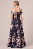Off The Shoulder Navy A Line Floral Maxi Mother of the Bride Dress