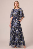 Floral Navy A-Line Short Sleeve Long Mother Of The Bride Dress with Pockets