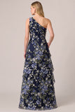 One Shoulder Navy Floral A-Line Long Mother Of The Bride Dress with Ruffles