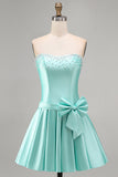 Pleated Strapless Mint A Line Homecoming Dress With Pearls