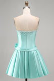 Pleated Strapless Mint A Line Homecoming Dress With Pearls