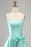Pleated Strapless Mint A Line Homecoming Dress With Pearls