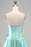 Pleated Strapless Mint A Line Homecoming Dress With Pearls