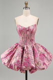 Red Jacquard Strapless Corset A Line Homecoming Dress With Bubble Hem