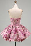 Red Jacquard Strapless Corset A Line Homecoming Dress With Bubble Hem