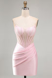 Strapless Pink Bodycon Corset Mini Homecoming Dress With Beading