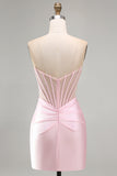 Strapless Pink Bodycon Corset Mini Homecoming Dress With Beading