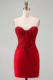 Corset Strapless Sequins Lace Bodycon Red Mini Homecoming Dress