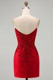 Corset Strapless Sequins Lace Bodycon Red Mini Homecoming Dress