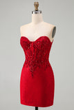 Corset Strapless Sequins Lace Bodycon Red Mini Homecoming Dress