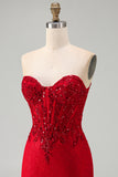 Corset Strapless Sequins Lace Bodycon Red Mini Homecoming Dress