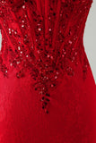 Corset Strapless Sequins Lace Bodycon Red Mini Homecoming Dress