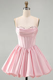 Corset Pink Sequins A Line Ruched Mini Homecoming Dress