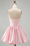 Corset Pink Sequins A Line Ruched Mini Homecoming Dress