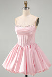Corset Pink Sequins A Line Ruched Mini Homecoming Dress