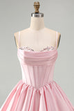 Corset Pink Sequins A Line Ruched Mini Homecoming Dress