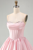 Corset Pink Sequins A Line Ruched Mini Homecoming Dress