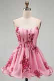 Strapless Corset Pink Floral A Line Mini Homecoming Dress