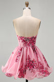 Strapless Corset Pink Floral A Line Mini Homecoming Dress