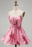 Strapless Corset Pink Floral A Line Mini Homecoming Dress
