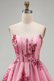 Strapless Corset Pink Floral A Line Mini Homecoming Dress