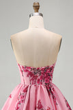 Strapless Corset Pink Floral A Line Mini Homecoming Dress