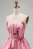 Strapless Corset Pink Floral A Line Mini Homecoming Dress