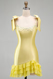 Sparkly Satin Bodycon Yellow Thick Straps Mini Homecoming Dress