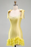 Sparkly Satin Bodycon Yellow Thick Straps Mini Homecoming Dress