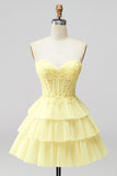 Corset Strapless A Line Tiered Yellow Mini Homecoming Dress
