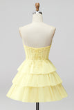 Corset Strapless A Line Tiered Yellow Mini Homecoming Dress