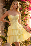Corset Strapless A Line Tiered Yellow Mini Homecoming Dress