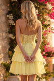 Corset Strapless A Line Tiered Yellow Mini Homecoming Dress