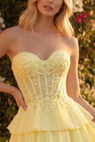 Corset Strapless A Line Tiered Yellow Mini Homecoming Dress