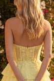 Corset Strapless A Line Tiered Yellow Mini Homecoming Dress