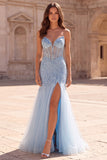 Strapless Corset Memriad Sparkly Light Blue Maxi Prom Dress
