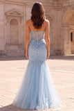 Strapless Corset Memriad Sparkly Light Blue Maxi Prom Dress