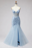 Strapless Corset Memriad Sparkly Light Blue Maxi Prom Dress
