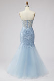 Strapless Corset Memriad Sparkly Light Blue Maxi Prom Dress